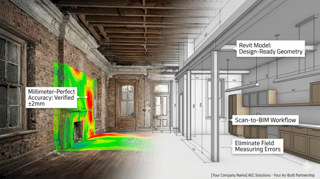 3D Point Cloud overlaying a Revit As-Built model for a renovation project in Austin, Texas.